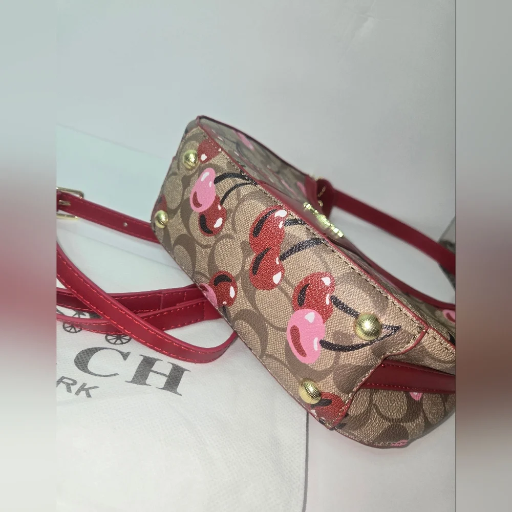 COACH Cherry-Print Signature Canvas Hobo Bag in Red - Picture 6 of 7